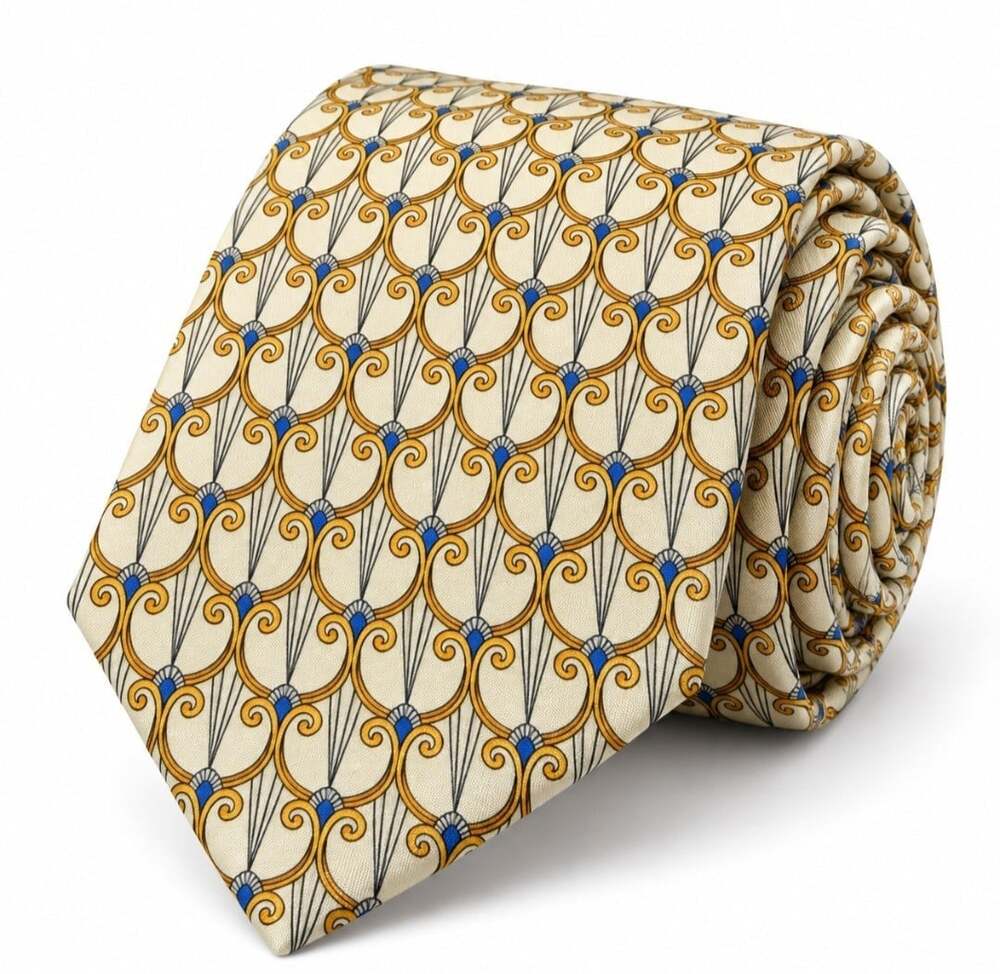 Carlo Palazzi Couture 100% Silk Tie Ivory Gold Blue Art Deco Geometric
